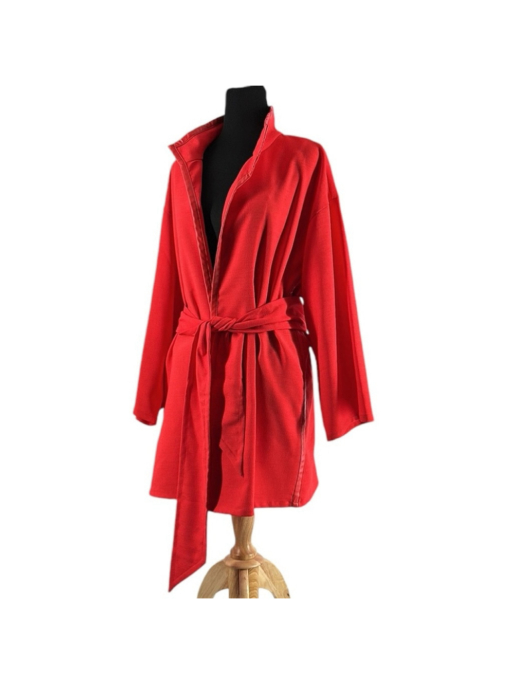 Natori Kimono Jacket faux leather flattering lines red orange tie waist sz xl